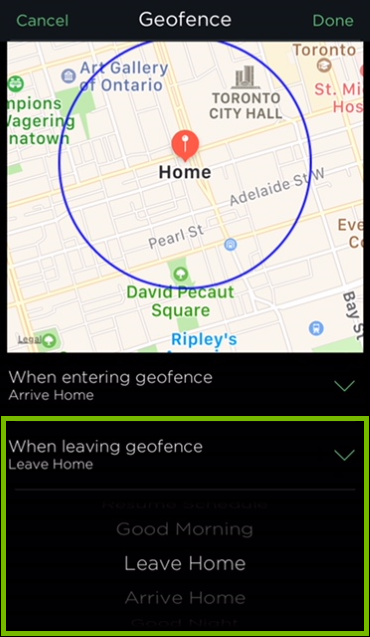 Leaving geofence option highlighted in HomeKit settings of ecobee app.
