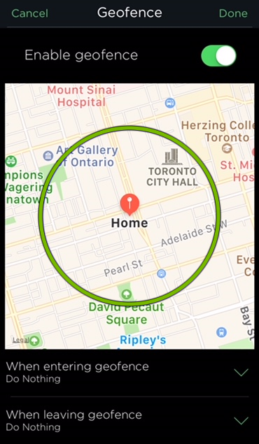 Geofence radius highlighted in HomeKit settings of ecobee app.