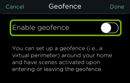 Enable geofence option highlighted in HomeKit settings of
