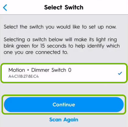 Smart switch and Continue button highlighted on device selection screen of C by GE app.