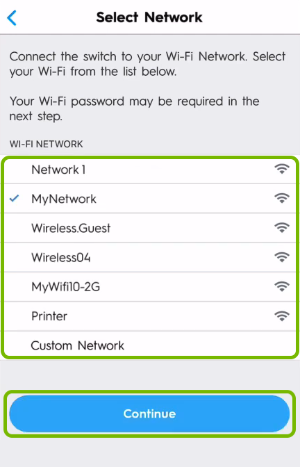 WiFi network list and Continue button highlighted on network selection screen of C by GE app.