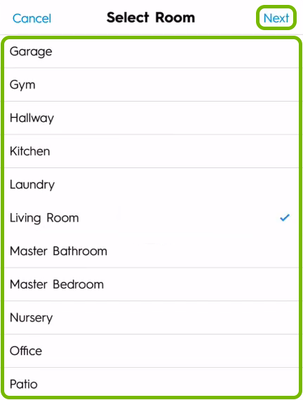 Room list highlighted on room selection screen of C by GE app.