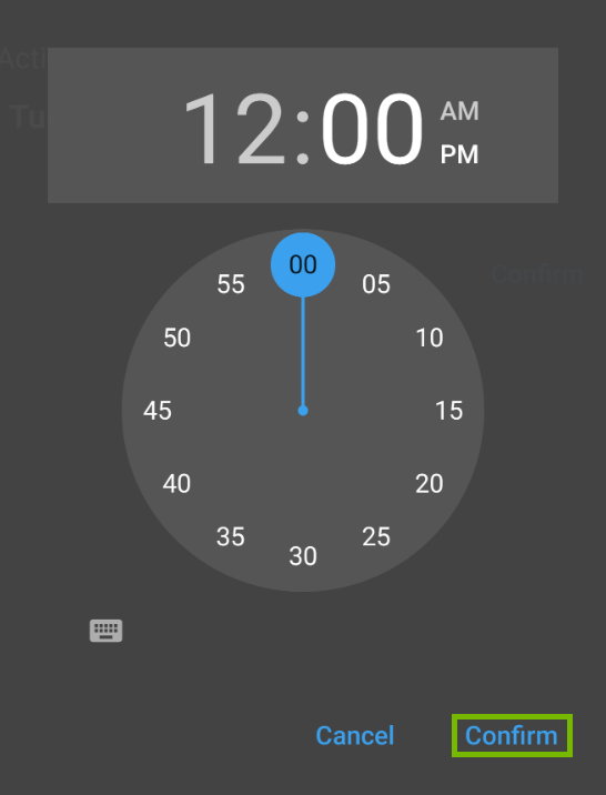 Time settings with Confirm highlighted