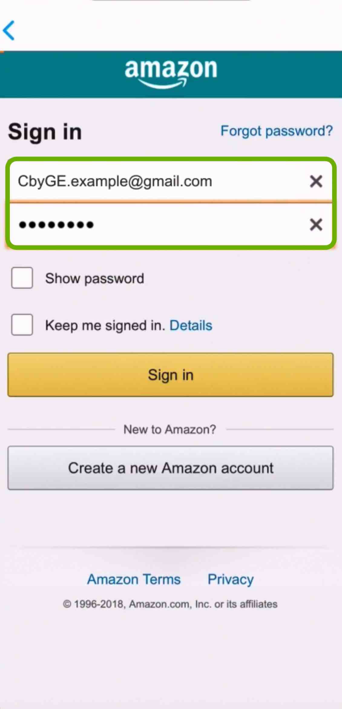 fill in amazon credentials