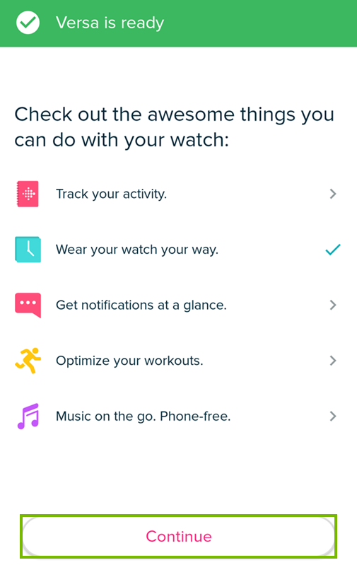 Tapping continue on the fitbit app