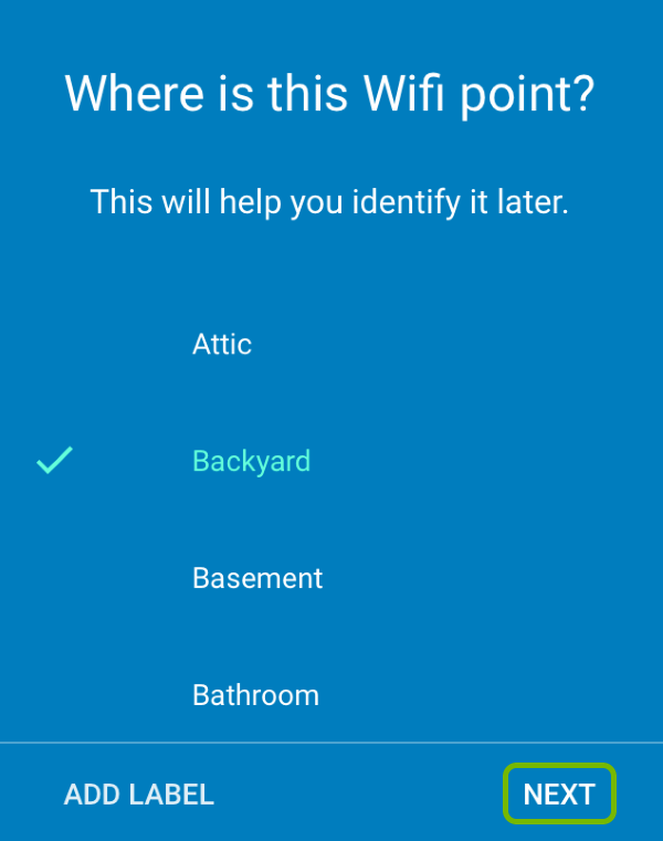 Additional Google Wifi point label selection screen with Next option highlighted.