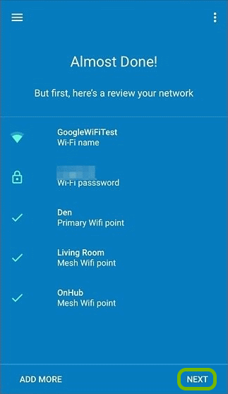 Google Wifi network review screen with Next option highlighted.