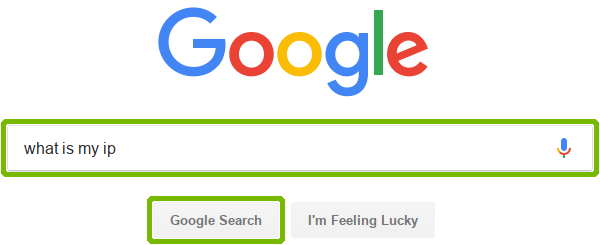 Google search for what is my ip with search box and Google Search box highlighted.