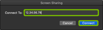 Screen Sharing with address and connect button highlighted.
