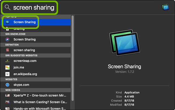 Search for screen sharing with search and application highlighted.
