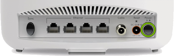 Power button highlighted on rear of Orbi Cable Modem Router.