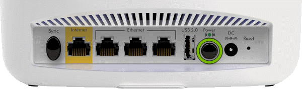 Power button highlighted on rear of Orbi Router.
