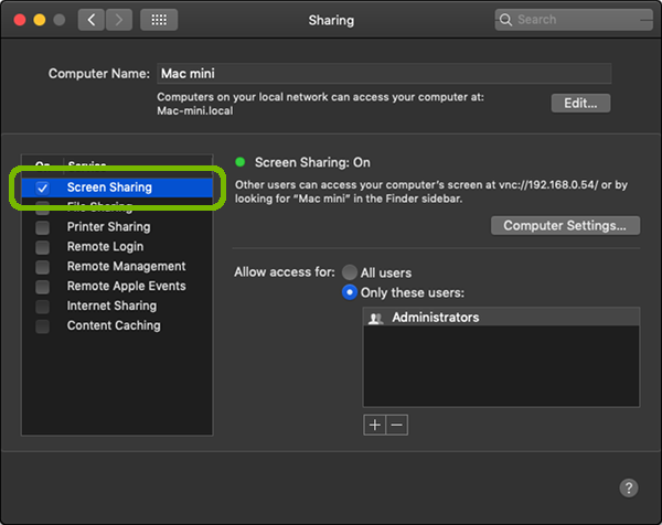 Sharing Preferences with Screen Sharing checked and highlighted.