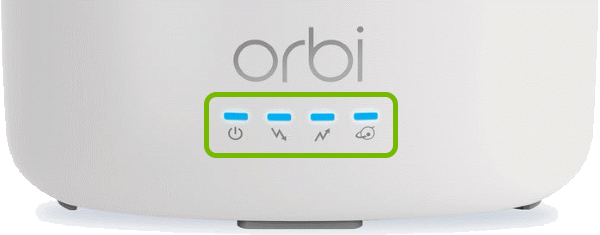 Indicator lights highlighted on front of Orbi Cable Modem Router.