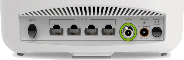 Coaxial connector highlighted on rear of Orbi Cable Modem Router.