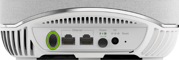 Sync button highlighted on rear of Orbi Voice.