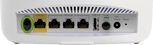 Sync button highlighted on rear of Orbi Router.