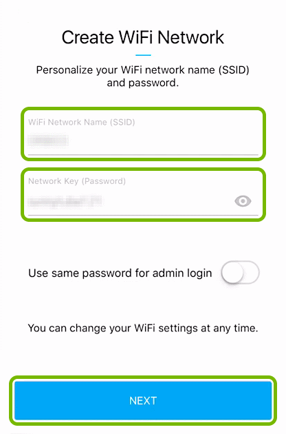 WiFi credentials entry fields and Next button highlighted in Orbi app.
