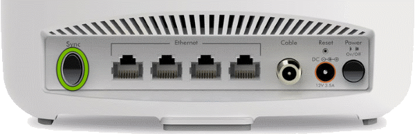 Sync button highlighted on rear of Orbi Cable Modem Router.