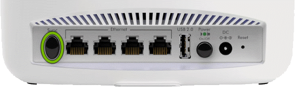 Sync button highlighted on rear of Orbi Satellite.