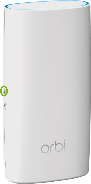 Sync button highlighted on side of Orbi Wall Plug Satellite.