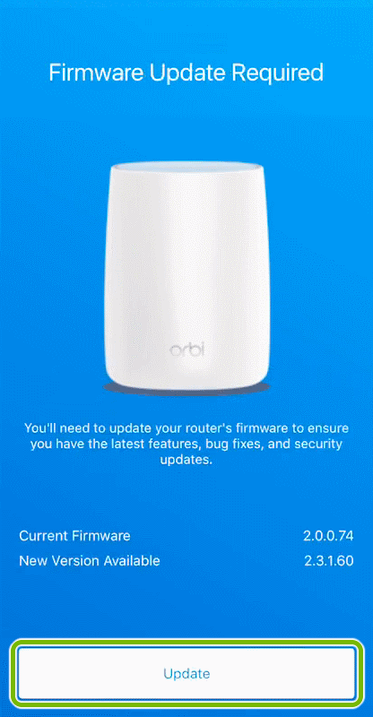 Update button highlighted on firmware check screen of Orbi app.
