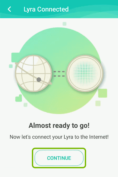 Continue option highlighted on internet connection screen of ASUS Lyra app.