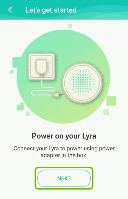 Next option highlighted on the getting started screen of the ASUS Lyra app.