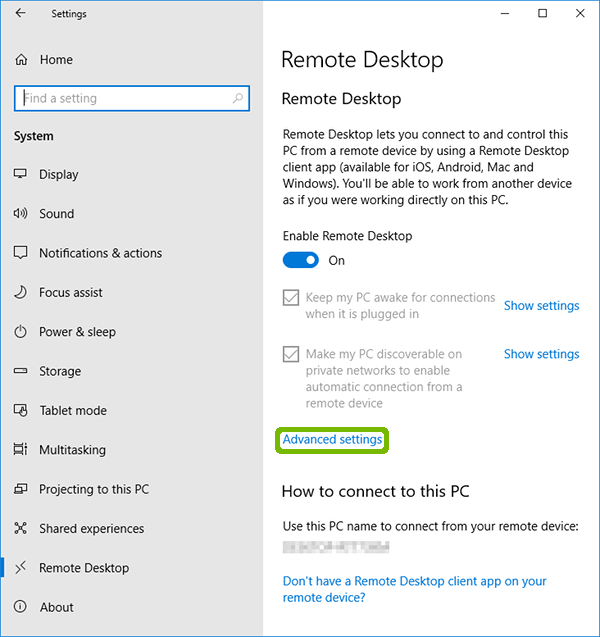 Remote Desktop with Advanced settings highlighted.