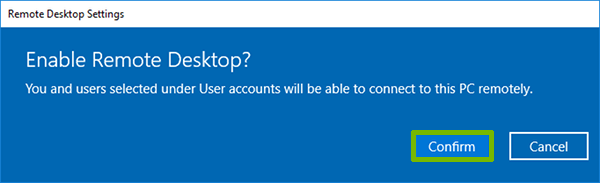 Enable Remote Desktop prompt with Confirm highlighted.
