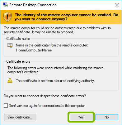 Certification validation with Yes highlighted.