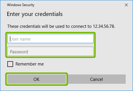 Credentials entry with Username Password and OK button highlighted.