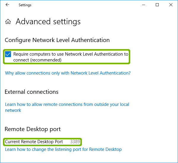Remote Desktop Advanced Settings with Require NLA and Current Port highlighted.