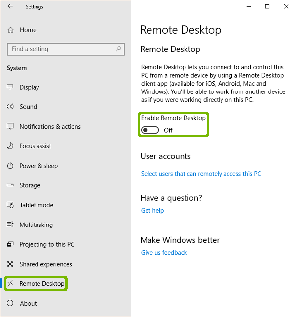 System settings with Remote Desktop and Enable Remote Desktop highlighted.