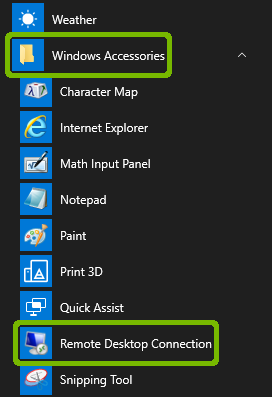 Start Menu program list with Windows Accessories and Remote Desktop Connection highlighted.