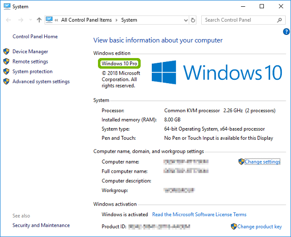 Windows 10 system information with Edition highlighted.