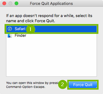 Force Quit dialog with Safari and Force Quit button highlighted.