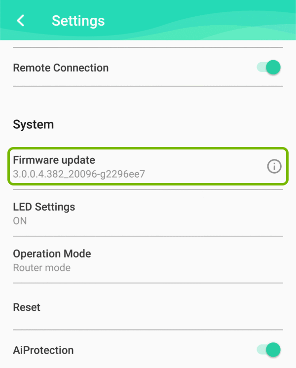 Firmware Update option highlighted in settings of ASUS Lyra app.