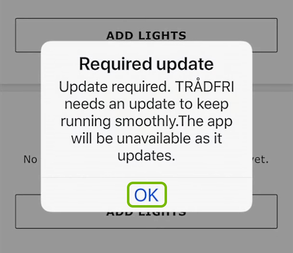 OK option highlighted on update notification in IKEA Home Smart app.