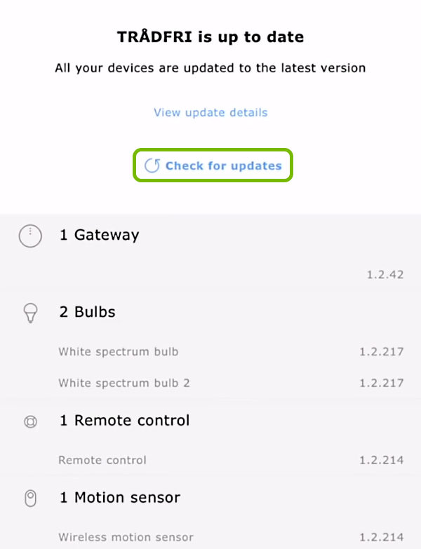 Check for Updates option highlighted in settings of IKEA Home Smart app.