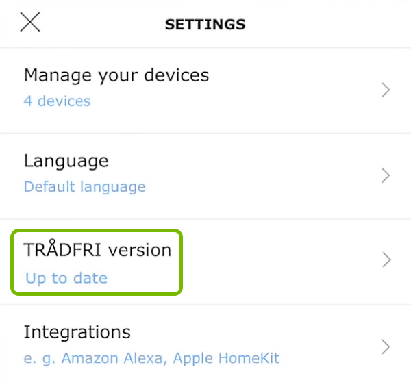 TRADFRI Version option highlighted in settings of IKEA Home Smart app.