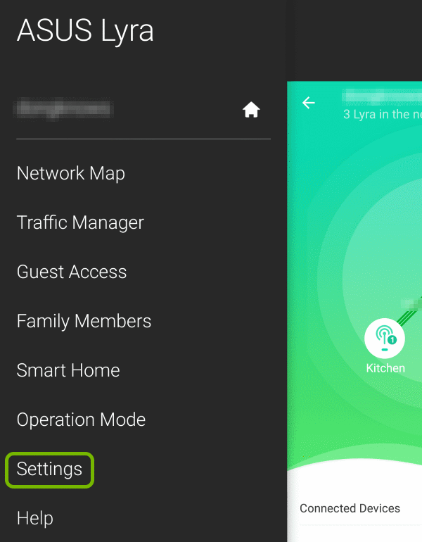 Settings option highlighted in menu of ASUS Lyra app.