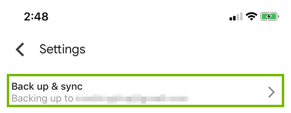 Back up and sync menu selection