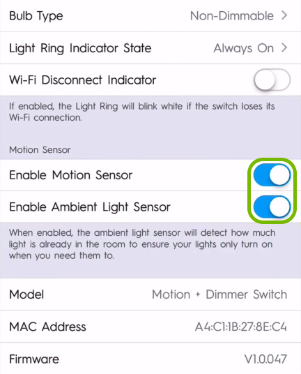 Enable Motion Sensor and Enable Ambient Light Sensor toggles highlighted in light switch settings of C by GE app.