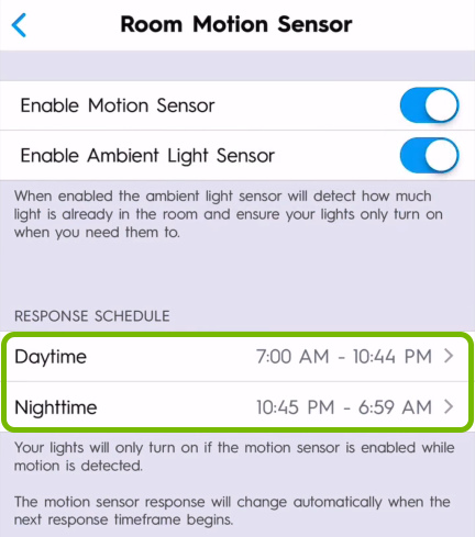 Daytime and Nighttime options highlighted in Room Motion Sensor settings of C by GE app.