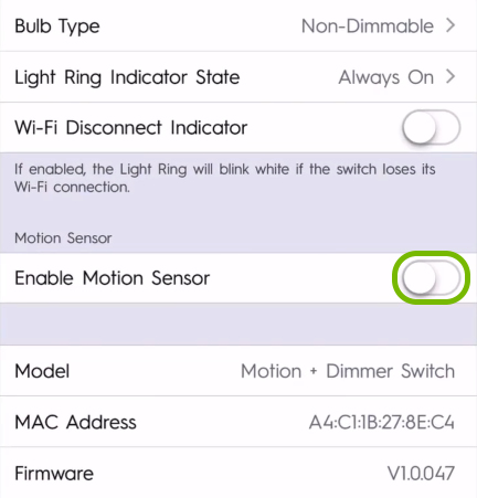 Toggle highlighted for Enable Motion Sensor option in light switch settings of C by GE app.