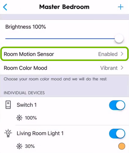 Room Motion Sensor option highlighted in light switch settings of C by GE app.