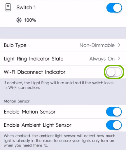 Toggle highlighted for WiFI Disconnect Indicator option in light switch settings of C by GE app.