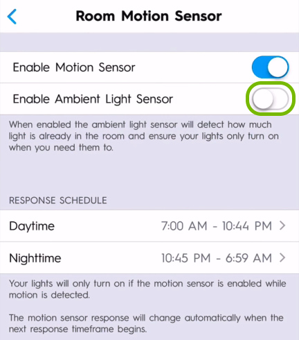 Enable Ambient Light Sensor toggle switch highlighted in Room Motion Sensor settings of C be GE app.