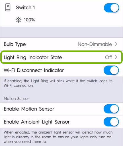 Light Ring Indicator State option highlighted in light switch settings of C by GE app.